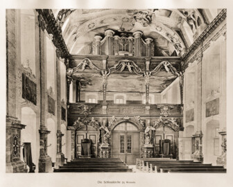 Schloss Bruchsal -- Schlosskirche, Westseite -- Blatt 30 -- "Fritz Hirsch - Das Bruchsaler Schloss aus Anlass der Renovation (1900 - 1909) -1910"; Digitalisat der Württembergische Landesbibliothek Stuttgart; Persistente URL: http://digital.wlb-stuttgart.de/purl/bsz517378221
