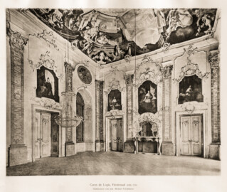 Schloss Bruchsal -- Corps de Logis, Fürstensaal, Joh. Michael Feichtmeier 1751 -- Blatt 36 -- "Fritz Hirsch - Das Bruchsaler Schloss aus Anlass der Renovation (1900 - 1909) -1910"; Digitalisat der Württembergische Landesbibliothek Stuttgart; Persistente URL: http://digital.wlb-stuttgart.de/purl/bsz517378221
