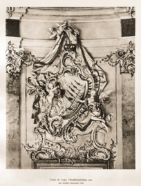 Schloss Bruchsal -- Corps de Logis, Haupttreppenhaus, Joh. Michael Feichtmeier 1752 -- Blatt 37 -- "Fritz Hirsch - Das Bruchsaler Schloss aus Anlass der Renovation (1900 - 1909) -1910"; Digitalisat der Württembergische Landesbibliothek Stuttgart; Persistente URL: http://digital.wlb-stuttgart.de/purl/bsz517378221