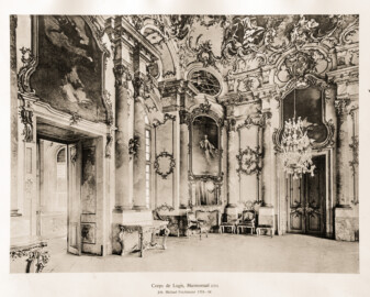 Schloss Bruchsal -- Corps de Logis, Marmorsaal, Joh. Michael Feichtmeier 1753-54 -- Blatt 38 -- "Fritz Hirsch - Das Bruchsaler Schloss aus Anlass der Renovation (1900 - 1909) -1910"; Digitalisat der Württembergische Landesbibliothek Stuttgart; Persistente URL: http://digital.wlb-stuttgart.de/purl/bsz517378221