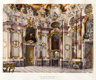 Schloss Bruchsal -- Corps de Logis, Marmorsaal, Joh. Michael Feichtmeier 1753-54 -- Blatt 39 -- "Fritz Hirsch - Das Bruchsaler Schloss aus Anlass der Renovation (1900 - 1909) -1910"; Digitalisat der Württembergische Landesbibliothek Stuttgart; Persistente URL: http://digital.wlb-stuttgart.de/purl/bsz517378221