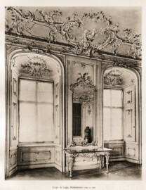 Schloss Bruchsal -- Corps de Logis, Musikzimmer, ca. 1755 -- Blatt 40 -- "Fritz Hirsch - Das Bruchsaler Schloss aus Anlass der Renovation (1900 - 1909) -1910"; Digitalisat der Württembergische Landesbibliothek Stuttgart; Persistente URL: http://digital.wlb-stuttgart.de/purl/bsz517378221