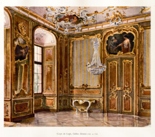 Schloss Bruchsal -- Corps de Logis, Gelbes Zimmer, ca. 1755 -- Blatt 43 -- "Fritz Hirsch - Das Bruchsaler Schloss aus Anlass der Renovation (1900 - 1909) -1910"; Digitalisat der Württembergische Landesbibliothek Stuttgart; Persistente URL: http://digital.wlb-stuttgart.de/purl/bsz517378221