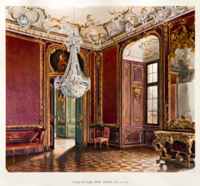 Schloss Bruchsal -- Corps de Logis, Rotes Zimmer, ca. 1756 -- Blatt 46 -- "Fritz Hirsch - Das Bruchsaler Schloss aus Anlass der Renovation (1900 - 1909) -1910"; Digitalisat der Württembergische Landesbibliothek Stuttgart; Persistente URL: http://digital.wlb-stuttgart.de/purl/bsz517378221