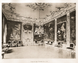 Schloss Bruchsal -- Corps de Logis, Thronsaal, ca. 1756 -- Blatt 47 -- "Fritz Hirsch - Das Bruchsaler Schloss aus Anlass der Renovation (1900 - 1909) -1910"; Digitalisat der Württembergische Landesbibliothek Stuttgart; Persistente URL: http://digital.wlb-stuttgart.de/purl/bsz517378221