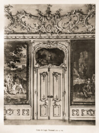Schloss Bruchsal -- Corps de Logis, Thronsaal, ca. 1756 -- Blatt 48 -- "Fritz Hirsch - Das Bruchsaler Schloss aus Anlass der Renovation (1900 - 1909) -1910"; Digitalisat der Württembergische Landesbibliothek Stuttgart; Persistente URL: http://digital.wlb-stuttgart.de/purl/bsz517378221