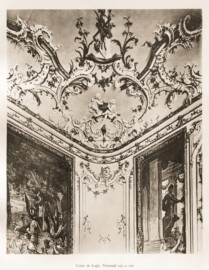 Schloss Bruchsal -- Corps de Logis, Thronsaal, ca. 1756 -- Blatt 49 -- "Fritz Hirsch - Das Bruchsaler Schloss aus Anlass der Renovation (1900 - 1909) -1910"; Digitalisat der Württembergische Landesbibliothek Stuttgart; Persistente URL: http://digital.wlb-stuttgart.de/purl/bsz517378221