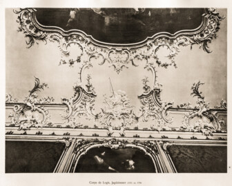 Schloss Bruchsal -- Corps de Logis, Jagdzimmer, ca. 1756 -- Blatt 51 -- "Fritz Hirsch - Das Bruchsaler Schloss aus Anlass der Renovation (1900 - 1909) -1910"; Digitalisat der Württembergische Landesbibliothek Stuttgart; Persistente URL: http://digital.wlb-stuttgart.de/purl/bsz517378221