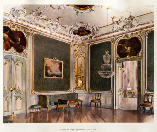 Schloss Bruchsal -- Corps de Logis, Jagdzimmer, ca. 1756 -- Blatt 52 -- "Fritz Hirsch - Das Bruchsaler Schloss aus Anlass der Renovation (1900 - 1909) -1910"; Digitalisat der Württembergische Landesbibliothek Stuttgart; Persistente URL: http://digital.wlb-stuttgart.de/purl/bsz517378221