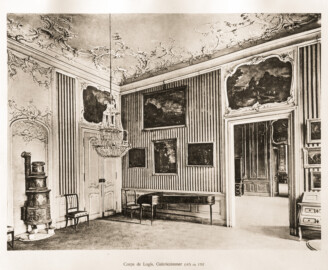 Schloss Bruchsal -- Corps de Logis, Galeriezimmer, ca. 1757 -- Blatt 53 -- "Fritz Hirsch - Das Bruchsaler Schloss aus Anlass der Renovation (1900 - 1909) -1910"; Digitalisat der Württembergische Landesbibliothek Stuttgart; Persistente URL: http://digital.wlb-stuttgart.de/purl/bsz517378221