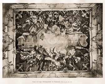 Schloss Bruchsal -- Corps de Logis, Deckengemälde im Fürstensaal, von Joh. Zick 1751 -- Blatt 54 -- "Fritz Hirsch - Das Bruchsaler Schloss aus Anlass der Renovation (1900 - 1909) -1910"; Digitalisat der Württembergische Landesbibliothek Stuttgart; Persistente URL: http://digital.wlb-stuttgart.de/purl/bsz517378221