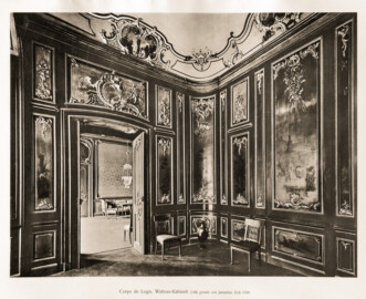 Schloss Bruchsal -- Corps de Logis, Watteau-Kabinett, gemalt von Januarius Zick 1759 --Blatt 57 -- "Fritz Hirsch - Das Bruchsaler Schloss aus Anlass der Renovation (1900 - 1909) -1910"; Digitalisat der Württembergische Landesbibliothek Stuttgart; Persistente URL: http://digital.wlb-stuttgart.de/purl/bsz517378221