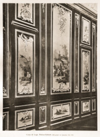 Schloss Bruchsal  -- Corps de Logis, Watteau-Kabinett, gemalt von Januarius Zick 1759 -- Blatt 58 -- "Fritz Hirsch - Das Bruchsaler Schloss aus Anlass der Renovation (1900 - 1909) -1910"; Digitalisat der Württembergische Landesbibliothek Stuttgart; Persistente URL: http://digital.wlb-stuttgart.de/purl/bsz517378221