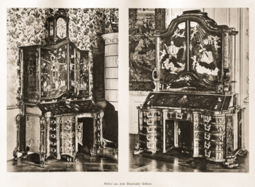 Schloss Bruchsal -- Möbel aus dem Bruchsaler Schloss -- Blatt 62 -- "Fritz Hirsch - Das Bruchsaler Schloss aus Anlass der Renovation (1900 - 1909) -1910"; Digitalisat der Württembergische Landesbibliothek Stuttgart; Persistente URL: http://digital.wlb-stuttgart.de/purl/bsz517378221