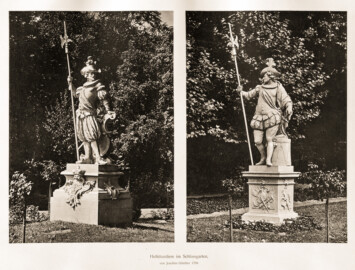 Schloss Bruchsal -- Hellebardiere im Schlossgarten, von Joachim Günther 1759 -- Blatt 67 -- "Fritz Hirsch - Das Bruchsaler Schloss aus Anlass der Renovation (1900 - 1909) -1910"; Digitalisat der Württembergische Landesbibliothek Stuttgart; Persistente URL: http://digital.wlb-stuttgart.de/purl/bsz517378221