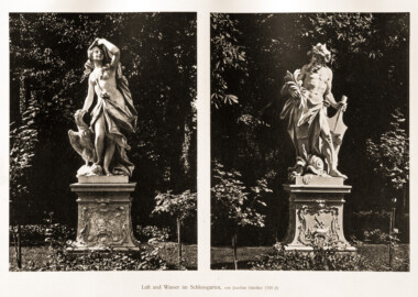 Schloss Bruchsal -- Luft und Wasser im Schlossgarten, von Joachim Günther 1759 (?) -- Blatt 68 -- "Fritz Hirsch - Das Bruchsaler Schloss aus Anlass der Renovation (1900 - 1909) -1910"; Digitalisat der Württembergische Landesbibliothek Stuttgart; Persistente URL: http://digital.wlb-stuttgart.de/purl/bsz517378221