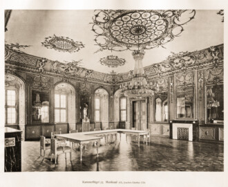 Schloss Bruchsal -- Kammerflügel, Musiksaal, Joachim Günther 1776 -- Blatt 69 -- "Fritz Hirsch - Das Bruchsaler Schloss aus Anlass der Renovation (1900 - 1909) -1910"; Digitalisat der Württembergische Landesbibliothek Stuttgart; Persistente URL: http://digital.wlb-stuttgart.de/purl/bsz517378221