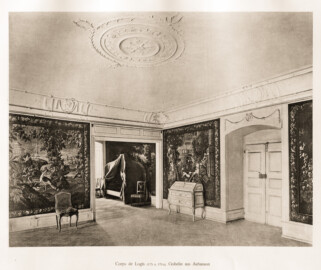 Schloss Bruchsal -- Corps de Logis, Tapisserie aus Aubusson, Räume 175 und 175a (oberstes Stockwerk, südöstliche Räume) -- Blatt 73 -- "Fritz Hirsch - Das Bruchsaler Schloss aus Anlass der Renovation (1900 - 1909) -1910"; Digitalisat der Württembergische Landesbibliothek Stuttgart; Persistente URL: http://digital.wlb-stuttgart.de/purl/bsz517378221