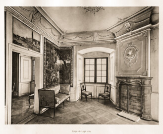 Schloss Bruchsal -- Corps de Logis, Raum 176 (oberstes Stockwerk, südöstlicher Raum) -- Blatt 74 -- "Fritz Hirsch - Das Bruchsaler Schloss aus Anlass der Renovation (1900 - 1909) -1910"; Digitalisat der Württembergische Landesbibliothek Stuttgart; Persistente URL: http://digital.wlb-stuttgart.de/purl/bsz517378221