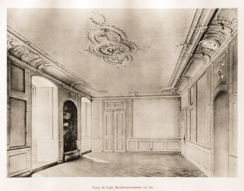 Schloss Bruchsal -- Corps de Logis, Kavalierspeisezimmer (Raum 53, Erdgeschoss, links des Eingangs, heute Musikautomatenmuseum) -- Blatt 75 -- "Fritz Hirsch - Das Bruchsaler Schloss aus Anlass der Renovation (1900 - 1909) -1910"; Digitalisat der Württembergische Landesbibliothek Stuttgart; Persistente URL: http://digital.wlb-stuttgart.de/purl/bsz517378221