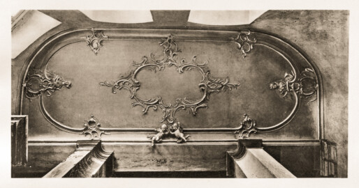 Schloss Bruchsal -- Corps de Logis, nördliche Nebentreppe -- Blatt 76 -- "Fritz Hirsch - Das Bruchsaler Schloss aus Anlass der Renovation (1900 - 1909) -1910"; Digitalisat der Württembergische Landesbibliothek Stuttgart; Persistente URL: http://digital.wlb-stuttgart.de/purl/bsz517378221