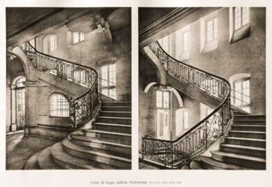 Schloss Bruchsal -- Coprs de Logis, südliche Nebentreppe -- Blatt 77 -- "Fritz Hirsch - Das Bruchsaler Schloss aus Anlass der Renovation (1900 - 1909) -1910"; Digitalisat der Württembergische Landesbibliothek Stuttgart; Persistente URL: http://digital.wlb-stuttgart.de/purl/bsz517378221
