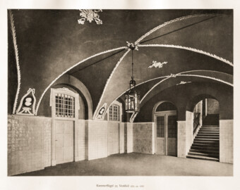 Schloss Bruchsal -- Kammerflügel, Vestibül, ca. 1797 -- Blatt 79 -- "Fritz Hirsch - Das Bruchsaler Schloss aus Anlass der Renovation (1900 - 1909) -1910"; Digitalisat der Württembergische Landesbibliothek Stuttgart; Persistente URL: http://digital.wlb-stuttgart.de/purl/bsz517378221