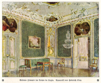 Schloss Bruchsal - Grünes Zimmer im Corps de Logis. Aquarell von Heinrich Kley (Bildnachweis: Dr. Walter Bombe: Das Schloß zu Bruchsal; in: Velhagen & Klasing's Monatshefte, 32. Jahrgang, 1917-1918, 1. Band, Seite 299; mit freundlicher Genehmigung zur Verfügung gestellt von Andreas Froncala, Berlin)
