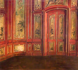 Schloss Bruchsal - Painting "Interior of a Room with Rococo Panelling" - Teilansicht des Watteau-Kabinetts - Originalfoto restauriert mi KI-Software (Maler: Alexander Friedrich Werner (1827–1908), Datierung 1896, Öl auf Holztafel, Höhe x Breite 35,5 x  39,4 cm; Bildnachweis: Birmingham Museums Trust, Inv.-Nr. 1931P14, https://artuk.org/discover/artworks/interior-of-a-room-with-rococo-panelling-33640, Creative Commons Zero CC0)