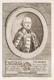Schloss Bruchsal - Porträt von Philipp Franz Wilderich Nepomuk von Walderdorf - gemalt 1790 von Johann Friedrich Beer (1741—1804), gestochen 1792 von P. W. Schwarz, Herzogl. Sachsen Coburg Saalfeld Hof Graveur, Nbg. (Wien Museum Online-Sammlung (sammlung.wienmuseum.at), Inv.Nr. W 6850; Höhe x Breite: 36,8 cm x 21,5 cm, Plattenmaß 33,4 cm x 19,8 cm; Bildnachweis: https://sammlung.wienmuseum.at/objekt/530453/, CC0 1.0 Universell (CC0 1.0) Public Domain Dedication)