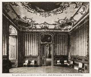 Schloss Bruchsal - Der gelbe Salon im Schlosse zu Bruchsal. Nach Photographie von K. Lange in Heidelberg (Bildnachweis: eigene Reproduktion aus "Jakob Wille: Bruchsal. Bilder aus einem geistlichen Staat im 18. Jahrhundert – 1900", Seite 81)