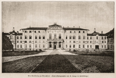 Schloss Bruchsal - Die Residenz zu Bruchsal. Nach Photographie von K. Lange in Heidelberg (Bildnachweis: eigene Reproduktion aus "Jakob Wille: Bruchsal. Bilder aus einem geistlichen Staat im 18. Jahrhundert – 1900", Seite 49)