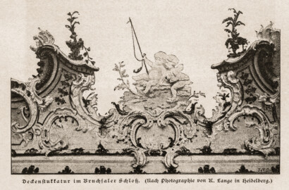 Schloss Bruchsal - Deckenstukkatur im Bruchsaler Schloß. Nach Photographie von K. Lange in Heidelberg (Bildnachweis: eigene Reproduktion aus "Jakob Wille: Bruchsal. Bilder aus einem geistlichen Staat im 18. Jahrhundert – 1900", Seite 83)