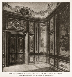 Schloss Bruchsal - Das sogenannte Watteau-Kabinet im Schlosse zu Bruchsal. Nach Photographie von K. Lange in Heidelberg (Bildnachweis: eigene Reproduktion aus "Jakob Wille: Bruchsal. Bilder aus einem geistlichen Staat im 18. Jahrhundert – 1900", Seite 84)