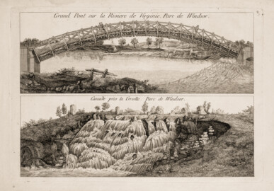 Schloss und Schlossgarten Schwetzingen - Tafel 2 "Grand pont sur la Riviera de Virginie Parc de Windsor; Cascade près la Grotte, Parc de Windsor" des Werks "George Louis Le Rouge: Detail des nouveaux jardins a la mode. 6e cahier. Serrail et jardins du grand seigneur - 1777" (Bildnachweis: University of Wisconsin, https://digital.library.wisc.edu/1711.dl/VVHZLYPGHF4LT8E, Public Domain) Schloss und Schlossgarten Schwetzingen - Tafel 2 "Grand pont sur la Riviera de Virginie Parc de Windsor; Cascade près la Grotte, Parc de Windsor" des Werks "George Louis Le Rouge: Detail des nouveaux jardins a la mode. 6e cahier. Serrail et jardins du grand seigneur - 1777" (Bildnachweis: University of Wisconsin, https://digital.library.wisc.edu/1711.dl/VVHZLYPGHF4LT8E, Public Domain)