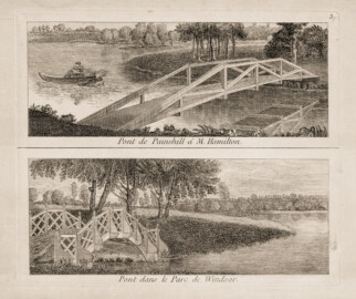 Schloss und Schlossgarten Schwetzingen - Tafel 3 "Pont de Painshill á M. Hamilton ; Pont dans le parc de Windsor" des Werks "George Louis Le Rouge: Detail des nouveaux jardins a la mode. 6e cahier. Serrail et jardins du grand seigneur - 1777" (Bildnachweis: University of Wisconsin, https://digital.library.wisc.edu/1711.dl/VVHZLYPGHF4LT8E, Public Domain) Schloss und Schlossgarten Schwetzingen - Tafel 3 "Pont de Painshill á M. Hamilton ; Pont dans le parc de Windsor" des Werks "George Louis Le Rouge: Detail des nouveaux jardins a la mode. 6e cahier. Serrail et jardins du grand seigneur - 1777" (Bildnachweis: University of Wisconsin, https://digital.library.wisc.edu/1711.dl/VVHZLYPGHF4LT8E, Public Domain)