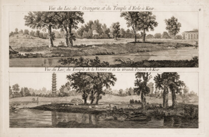 Schloss und Schlossgarten Schwetzingen - Tafel 4 "Vue du Lac, de l'Orangerie, et du Temple d'Eole à Kew ; Vue du Lac, du Temple de la Victoire et de la Grande Pagode de Kew" des Werks "George Louis Le Rouge: Detail des nouveaux jardins a la mode. 6e cahier. Serrail et jardins du grand seigneur - 1777" (Bildnachweis: University of Wisconsin, https://digital.library.wisc.edu/1711.dl/VVHZLYPGHF4LT8E, Public Domain) Schloss und Schlossgarten Schwetzingen - Tafel 4 "Vue du Lac, de l'Orangerie, et du Temple d'Eole à Kew ; Vue du Lac, du Temple de la Victoire et de la Grande Pagode de Kew" des Werks "George Louis Le Rouge: Detail des nouveaux jardins a la mode. 6e cahier. Serrail et jardins du grand seigneur - 1777" (Bildnachweis: University of Wisconsin, https://digital.library.wisc.edu/1711.dl/VVHZLYPGHF4LT8E, Public Domain)