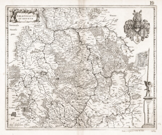 Schloss und Schlossgarten Schwetzingen - Karte "Palatinatus ad Rhenum" (Pfalzgrafschaft bei Rhein), 1640 (Kartograf: Willem Janszoon Blaeu (1571-1638), Abmessungen: 41 x 49 cm, Maßstab: 1:480.000; Bildnachweis: Digital Commonwealth, Boston Public Library, Norman B. Leventhal Map & Education Center, https://ark.digitalcommonwealth.org/ark:/50959/cj82ks55v - Public Domain)