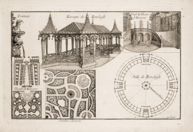Schloss und Schlossgarten Schwetzingen - Tafel 7 "Fontaine, Kiosque de Renelagh, Fond du Théatre d'Hanover, Théatre d'Hanover, Jardin Chinois, Salle de Renelagh" des Werks "George Louis Le Rouge: Detail des nouveaux jardins a la mode. 6e cahier. Serrail et jardins du grand seigneur - 1777" (Bildnachweis: University of Wisconsin, https://digital.library.wisc.edu/1711.dl/VVHZLYPGHF4LT8E, Public Domain) Schloss und Schlossgarten Schwetzingen - Tafel 7 "Fontaine, Kiosque de Renelagh, Fond du Théatre d'Hanover, Théatre d'Hanover, Jardin Chinois, Salle de Renelagh" des Werks "George Louis Le Rouge: Detail des nouveaux jardins a la mode. 6e cahier. Serrail et jardins du grand seigneur - 1777" (Bildnachweis: University of Wisconsin, https://digital.library.wisc.edu/1711.dl/VVHZLYPGHF4LT8E, Public Domain)