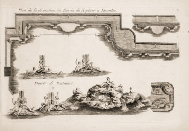Schloss und Schlossgarten Schwetzingen - Tafel 9 "Plan de la décoration du Bassin de Neptune à Versailles; Projets de fontaines" des Werks "George Louis Le Rouge: Detail des nouveaux jardins a la mode. 6e cahier. Serrail et jardins du grand seigneur - 1777" (Bildnachweis: University of Wisconsin, https://digital.library.wisc.edu/1711.dl/VVHZLYPGHF4LT8E, Public Domain) Schloss und Schlossgarten Schwetzingen - Tafel 9 "Plan de la décoration du Bassin de Neptune à Versailles; Projets de fontaines" des Werks "George Louis Le Rouge: Detail des nouveaux jardins a la mode. 6e cahier. Serrail et jardins du grand seigneur - 1777" (Bildnachweis: University of Wisconsin, https://digital.library.wisc.edu/1711.dl/VVHZLYPGHF4LT8E, Public Domain)