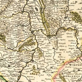 Schloss und Schlossgarten Schwetzingen - Ausschnitt mit Schwetzingen (Suetzingen) im Zentrum aus der Karte "Nova Descriptio Palatinatus Rheni - Joannes Janssonius Excudebat“ / Neue Beschreibung der Pfalzgrafschaft am Rhein - Gedruckt von Johannes Janssonius, 1630 (Kartografen: Gerhard Mercator (1512-1594) / Jodocus Hondius (1563-1612), Hendrik Hondius (1597-1651), Abmessungen: 48 x 38 cm, Maßstab: 1:520.000; Bildnachweis: David Rumsey Map Collection, David Rumsey Map Center, Stanford University Libraries, https://www.davidrumsey.com/luna/servlet/s/6hkbsf - CC BY-NC-SA 3.0)