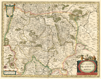 Schloss und Schlossgarten Schwetzingen - Karte "Nova Descriptio Palatinatus Rheni - Joannes Janssonius Excudebat“ / Neue Beschreibung der Pfalzgrafschaft am Rhein - Gedruckt von Johannes Janssonius, 1630 (Kartografen: Gerhard Mercator (1512-1594) / Jodocus Hondius (1563-1612), Hendrik Hondius (1597-1651), Abmessungen: 48 x 38 cm, Maßstab: 1:520.000; Bildnachweis: David Rumsey Map Collection, David Rumsey Map Center, Stanford University Libraries, https://www.davidrumsey.com/luna/servlet/s/6hkbsf - CC BY-NC-SA 3.0)