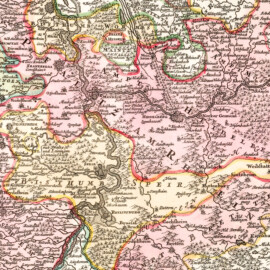 Schloss und Schlossgarten Schwetzingen - Ausschnitt mit Schwetzingen (Sultzingen) im Zentrum aus der Karte "Exactissima Palatinatus ad Rhenum" / Genaueste Karte der Pfalzgrafschaft bei Rhein, 1716 (Kartograf: Johann Baptist Homann (1663-1724), Abmessungen: 60 x 50 cm, Maßstab: 1:354.000, Seite 102 aus "Atlas Novus Terrarum Orbis Imperia Regna et Status Exactis Fabulis Geographice Demonstrans"; Bildnachweis: David Rumsey Map Collection, David Rumsey Map Center, Stanford University Libraries, https://www.davidrumsey.com/luna/servlet/s/40q59d, CC BY-NC-SA 3.0)