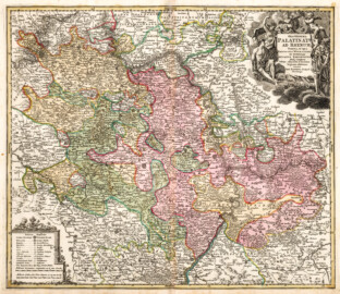Schloss und Schlossgarten Schwetzingen - Karte "Exactissima Palatinatus ad Rhenum" / Genaueste Karte der Pfalzgrafschaft bei Rhein, 1716 (Kartograf: Johann Baptist Homann (1663-1724), Abmessungen: 60 x 50 cm, Maßstab: 1:354.000, Seite 102 aus "Atlas Novus Terrarum Orbis Imperia Regna et Status Exactis Fabulis Geographice Demonstrans"; Bildnachweis: David Rumsey Map Collection, David Rumsey Map Center, Stanford University Libraries, https://www.davidrumsey.com/luna/servlet/s/40q59d, CC BY-NC-SA 3.0)