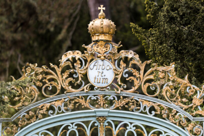 Schloss und Schlossgarten Schwetzingen - Garten - Arboretum, östliches Tor - Von Osten - Blick auf den oberen Teil des schmiedeeisernen, teilvergoldeten Prachttors mit Krone (Tor fertiggestellt 1755; entworfen von Franz Wilhelm Rabaliatti, geschmiedet von den Mannheimer Schlossermeistern Strickling und Frockmann; ursprünglich an einem anderen Ort verbaut; Schild "Arboretum" nachträglich angebracht) (aufgenommen im Mai 2023, am frühen Nachmittag)