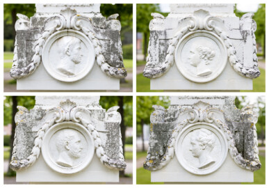 Schloss und Schlossgarten Schwetzingen - Garten - Kreisparterre, nordwestliches Rasenfeld - Nordwestlicher Obelisk - Blick auf alle vier Profilbildnisse des Obelisken; Reihenfolge: oben Ostseite, Südseite, unten Westseite, Nordseite (Personen nicht eindeutig identifizierbar) (Bildhauer: Peter Anton von Verschaffelt (1710-1793); Datierung: 1762-69; Obelisk Teil einer Vierergruppe im Kreisparterre; Material: roter Sandstein (Medaillons aus gelbem Sandstein); Fassung: Weiß; Obelisk dreigeteilt; Sockel, Block mit Medaillonbildnissen, eigentlicher Obelisk; Abmessungen: Höhe ca. 6 Meter, Sockel Höhe 155 cm / Breite 87 cm, Block mit Medaillons Höhe 67 cm / Breite 87 cm; Obelisk oben mit Tropfsteindekor) (aufgenommen im Mai 2023, am späten Nachmittag) Schloss und Schlossgarten Schwetzingen - Garten - Kreisparterre, nordwestliches Rasenfeld - Nordwestlicher Obelisk - Blick auf alle vier Profilbildnisse des Obelisken; Reihenfolge: oben Ostseite, Südseite, unten Westseite, Nordseite (Personen nicht eindeutig identifizierbar) (Bildhauer: Peter Anton von Verschaffelt (1710-1793); Datierung: 1762-69; Obelisk Teil einer Vierergruppe im Kreisparterre; Material: roter Sandstein (Medaillons aus gelbem Sandstein); Fassung: Weiß; Obelisk dreigeteilt; Sockel, Block mit Medaillonbildnissen, eigentlicher Obelisk; Abmessungen: Höhe ca. 6 Meter, Sockel Höhe 155 cm / Breite 87 cm, Block mit Medaillons Höhe 67 cm / Breite 87 cm; Obelisk oben mit Tropfsteindekor) (aufgenommen im Mai 2023, am späten Nachmittag)