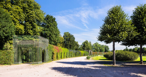 Schloss und Schlossgarten Schwetzingen - Garten - Kreisparterre - Nördlicher Laubengang, Südwestende - Von Süden - Blick nach Norden auf einen Ausschnitt des nördlichen Laubengangs (Berceaux de Treillage) mit portalartigen Eingängen; die Laubengänge sind mit wildem Wein und blühenden Kletterpflanzen bepflanzt (aufgenommen im August 2023, am späten Vormittag)