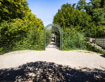 Schloss und Schlossgarten Schwetzingen - Garten - Badhausanlage - Perspektiv - Von Süden - Blick vom Durchgang zu den wasserspeienden Vögeln nach Norden in den Laubengang (Berceau de treillage) zum Perspektiv / zum "Ende der Welt" (Perspektiv: Abmessungen Länge x Breite x Höhe: Laubengang ca. 40 x 3,5 x 4,5 Meter, Bau ca. 16 x 4,5 bis 11 x 6,5 Meter, Bildwand ca. 9 x 1 x 7,5 Meter; Fertigstellung: 1775, Gesamtinstandsetzung: 1988-1991, Restaurierung Laubengang: 2022; Architekt: Nicolas de Pigage) (aufgenommen im September 2023, um die Mittagszeit)