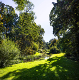Schloss und Schlossgarten Schwetzingen - Garten - Anlagen - Arborium Theodoricum, Sektor A, Nähe Tempel der Botanik - Von Nordwest - Blick nach Südosten in das kleine Tal mit einem Wasserlauf östlich des Tempels der Botanik (aufgenommen im September 2023, am späten Vormittag)