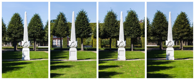 Schloss und Schlossgarten Schwetzingen - Garten - Kreisparterre, alle vier Rasenfelder - Vier Obelisken - Von Süden - Blick auf die Südseiten der vier Obelisken; v.l.n.r.: Obelisk im Südwesten, im Nordwesten, im Nordosten, im Südosten (Bildhauer: Peter Anton von Verschaffelt (1710-1793); Datierung: 1762-69; Obelisken Teil einer Vierergruppe im Kreisparterre; Material: roter Sandstein (Medaillons aus gelbem Sandstein); Fassung: Weiß; Obelisk dreigeteilt; Sockel, Block mit Medaillonbildnissen, eigentlicher Obelisk; Abmessungen: Höhe ca. 6 Meter, Sockel Höhe 155 cm / Breite 87 cm, Block mit Medaillons Höhe 67 cm / Breite 87 cm; Obelisk oben mit Tropfsteindekor) (aufgenommen im September 2023, am Nachmittag)